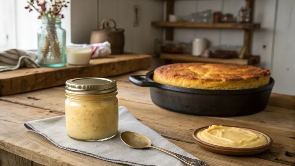 A jar of beef tallow next to freshly baked Southern cornbread, highlighting the flavor and texture in cornbread recipes.