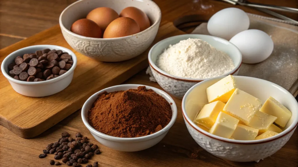  Ingredients for making cornbread chocolate cake, including cornmeal, cocoa powder, eggs, and butter, arranged on a wooden surface.