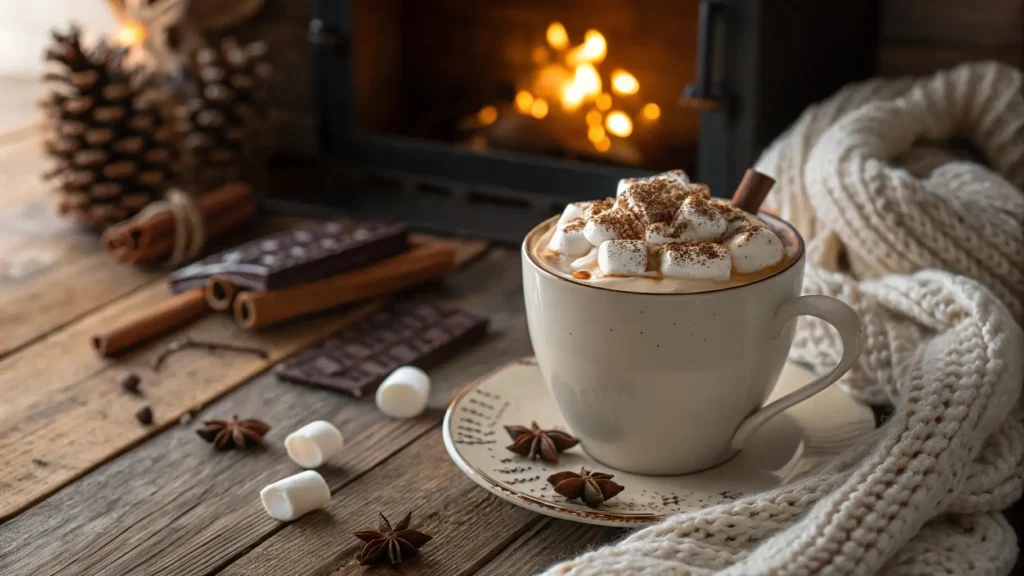 A warm cup of hot cocoa with whipped cream and marshmallows, perfect for the winter season. Ideal for making your perfect hot cocoa recipe at home.