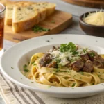 A delicious plate of creamy beef pasta with cream cheese, garnished with fresh parsley and Parmesan cheese, served with garlic bread.