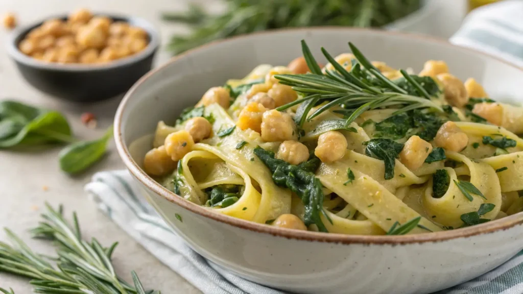 A delicious bowl of creamy chickpea pasta with spinach and rosemary, showcasing its creamy texture and fresh ingredients.