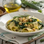 A plate of creamy chickpea pasta with spinach and rosemary, garnished with fresh herbs, showcasing the dish's creamy texture and vibrant green spinach.