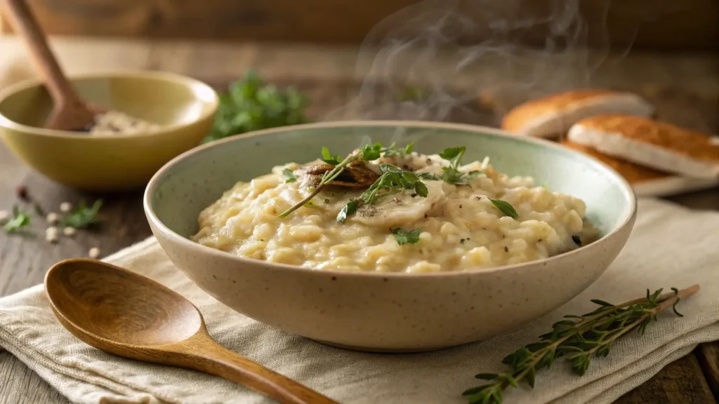 A creamy bowl of risotto rice garnished with herbs, perfect for a comforting meal.