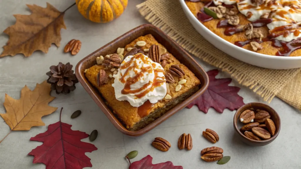 A pumpkin dump cake topped with whipped cream, caramel drizzle, and pecans, showcasing creative variations in a cozy fall setting.