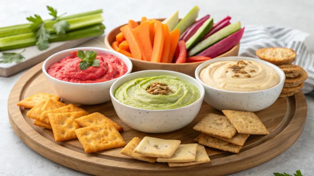 A variety of colorful dips served with crispy snacks and vegetables.