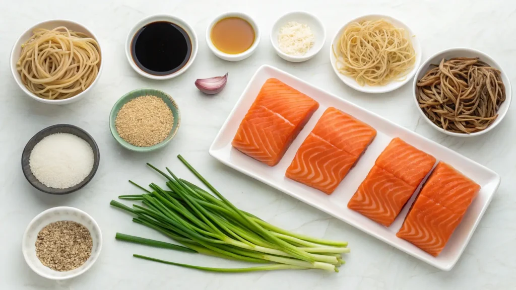 All the ingredients for crispy air fryer salmon with soba, including fresh salmon fillets, soba noodles, soy sauce, sesame oil, and garlic powder.