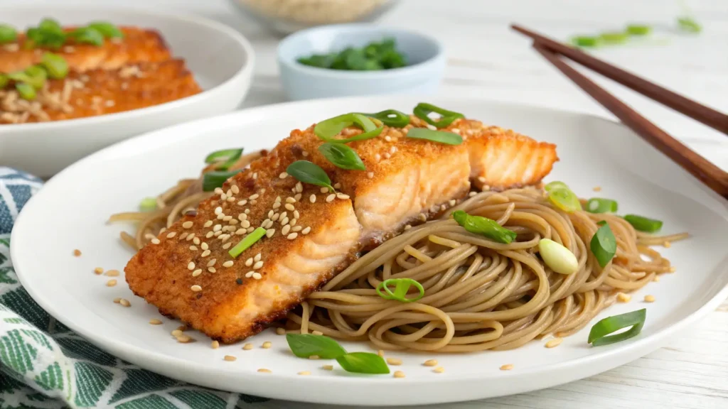 Delicious crispy air fryer salmon with soba noodles, garnished with green onions and sesame seeds, ready to serve.
