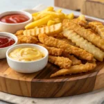 Golden-brown crispy turkey fries served with various dipping sauces like ketchup and honey mustard.