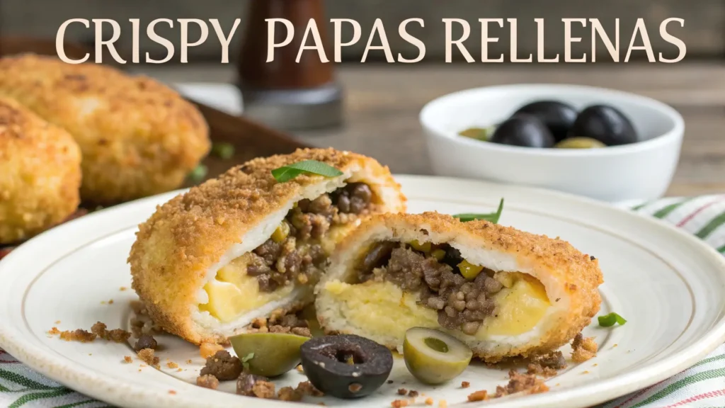 Crispy and golden papas rellenas with a savory beef and olive filling, a traditional Chilean dish.