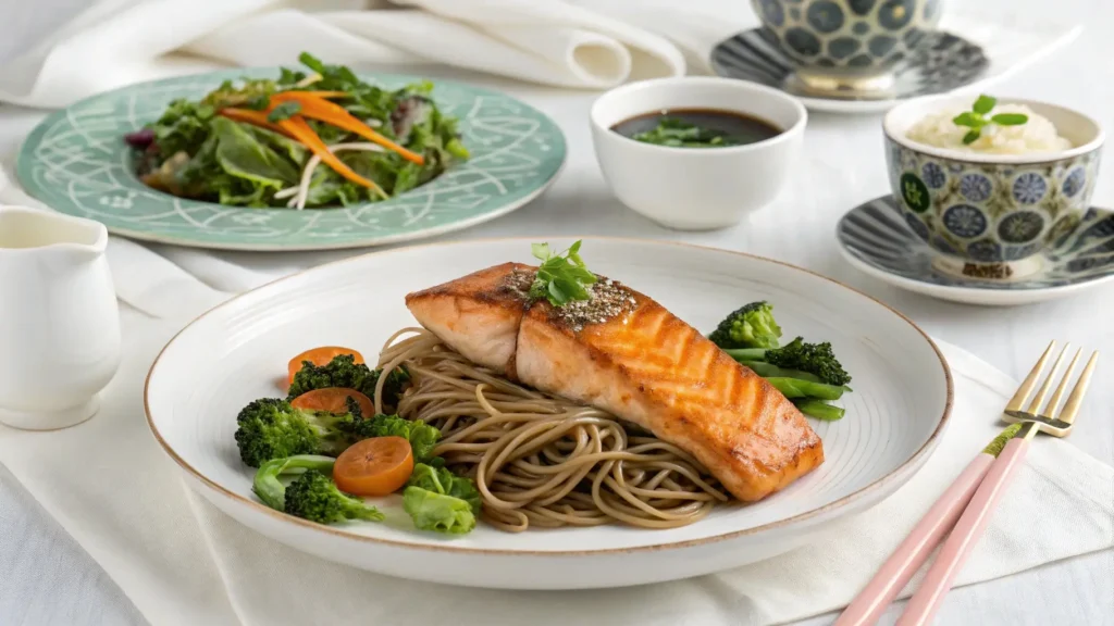 A full meal of crispy air fryer salmon with soba noodles, served with a fresh salad, steamed vegetables, and miso soup.