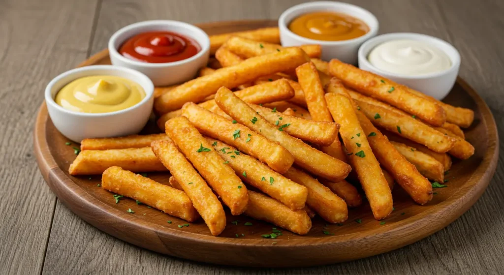 Delicious crispy turkey fries served with a variety of dipping sauces like ketchup, honey mustard, and buffalo sauce on a wooden platter.