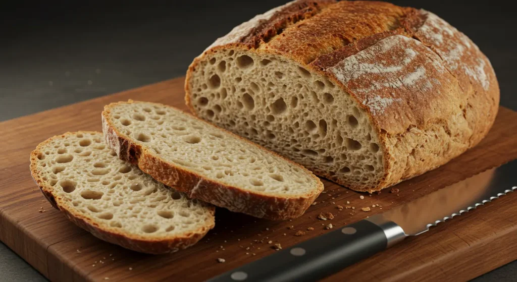 Close-up of a sliced artisan bread with a golden crust and airy texture, showing traditional bread-making craftsmanship