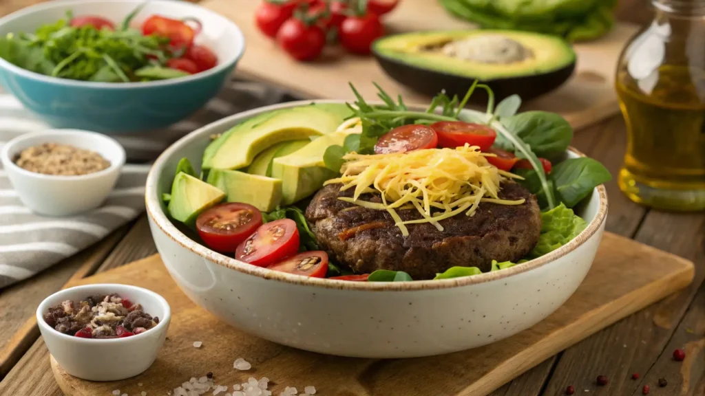 A unique burger bowl featuring spicy toppings, offering ideas for customizing a burger bowl recipe.