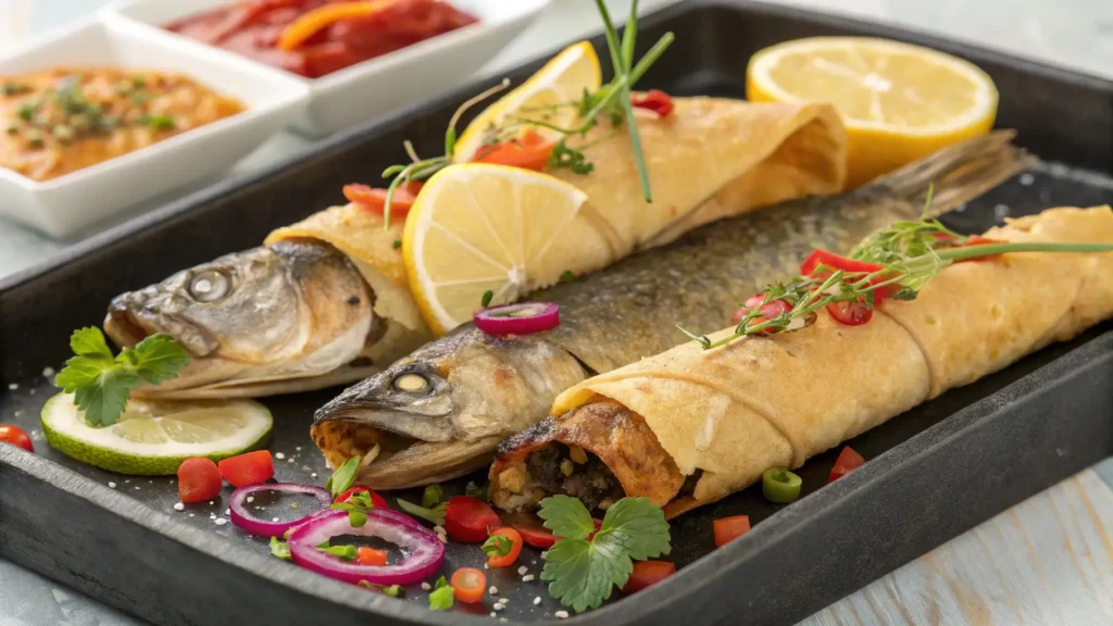 Different variations of fish wrapped in filo pastry, served with herbs, lemon, and sauces for a perfect meal.