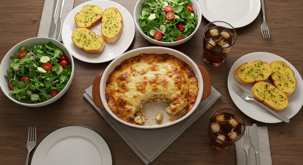 Forgotten chicken dish on a dinner table with side dishes