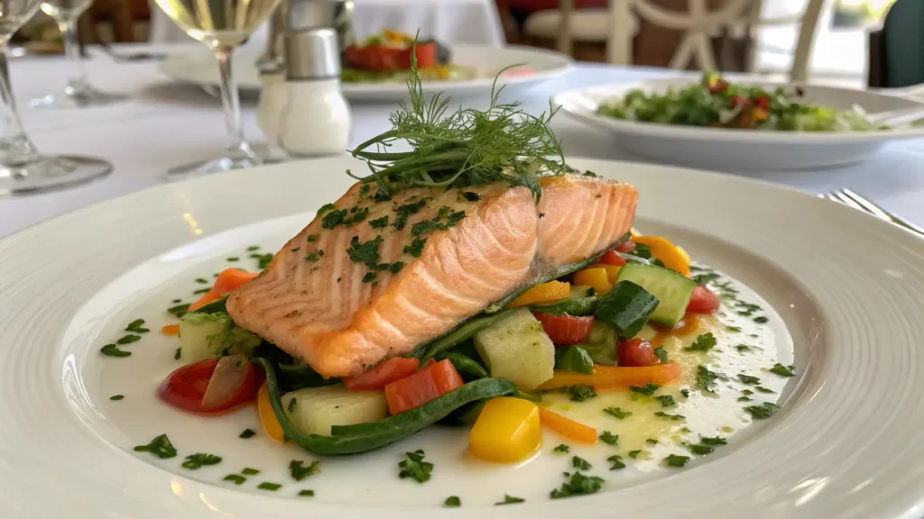 A beautifully presented marinated salmon dish with herbs and vegetables, perfect for any occasion.