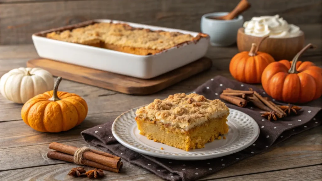 A delicious pumpkin dump cake with a golden top surrounded by fall decor, perfect for a cozy autumn dessert.