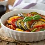 A close-up view of ratatouille with eggplant and colorful vegetables like zucchini, tomatoes, and bell peppers, garnished with fresh basil on a rustic wooden table.