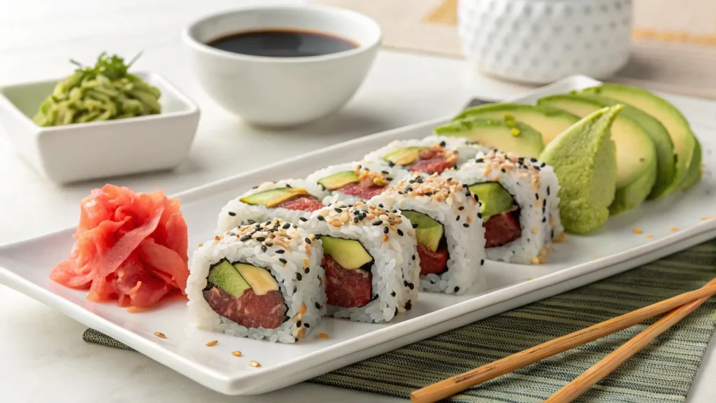 A plate of spicy tuna rolls garnished with avocado, sesame seeds, and wasabi, presented beautifully for an elegant sushi experience.