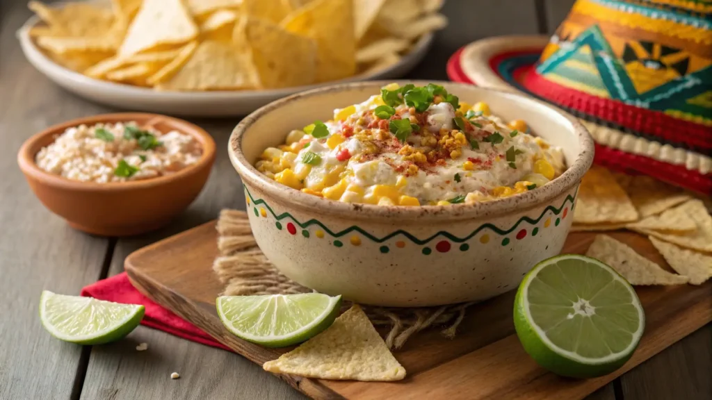 A bowl of creamy street corn dip with Tajin seasoning, tortilla chips, and lime wedges on a festive table.