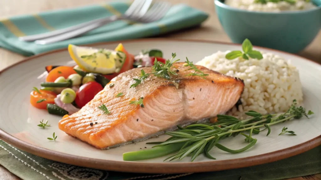 A stunning plate of freshly cooked fish with herbs and sides, featuring Trader Joe’s Fish, perfect for an article about fish cooking and recipes.