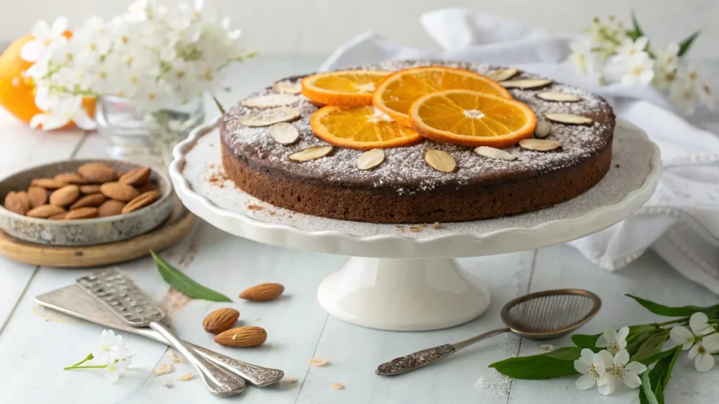 Chocolate orange almond cake beautifully presented on a white cake stand, garnished with orange slices, almonds, and powdered sugar for an elegant touch.