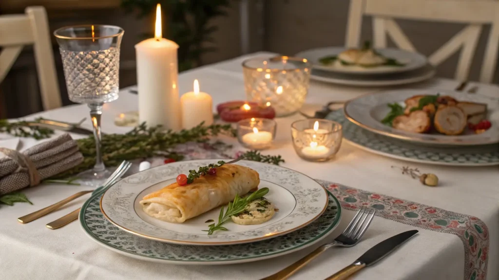 Fish wrapped in filo pastry served at an elegant dinner table, ideal for special occasions.