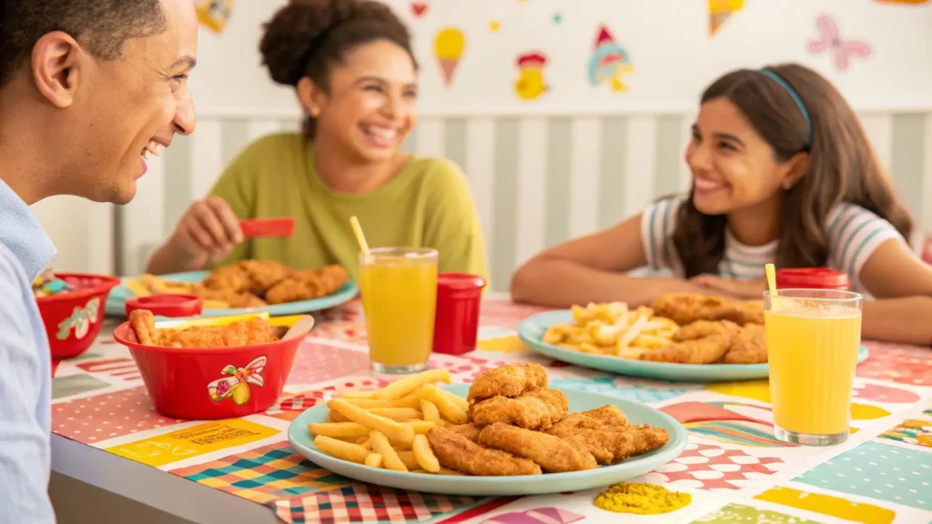 A family dining on chicken tenders and fries, served with drinks and sauces in a casual setting.