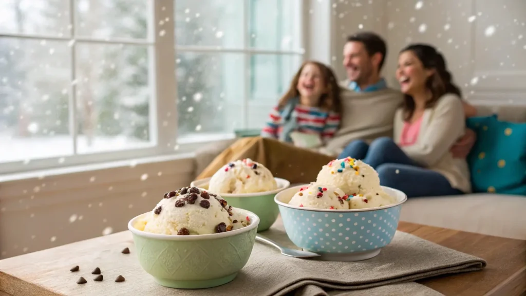 A family enjoying homemade snow ice cream with toppings. Perfect for a winter treat on snowy days.