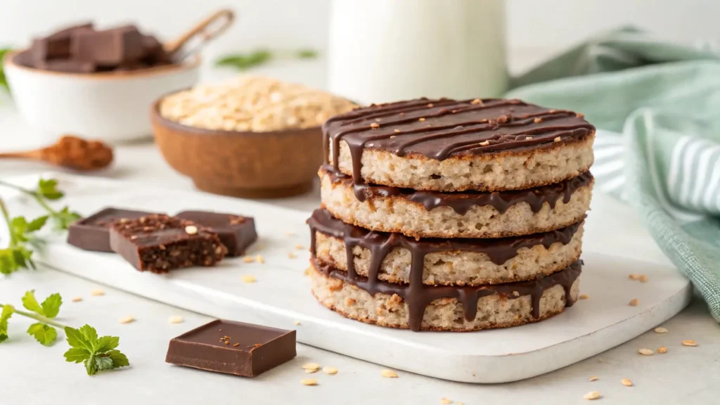 Delicious stack of chocolate rice cakes drizzled with chocolate, showcasing a tasty treat option for all ages.