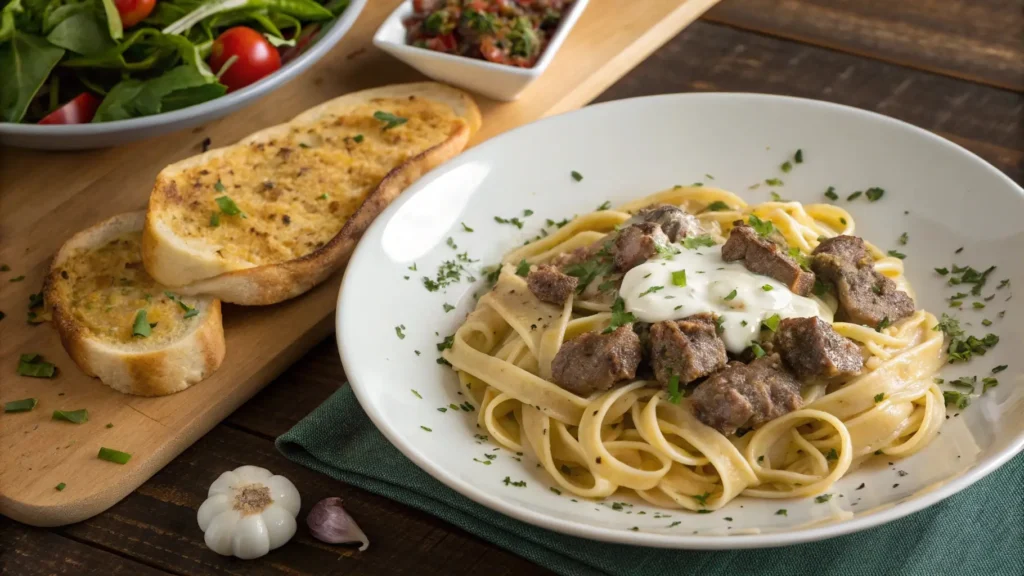 A comforting plate of creamy beef pasta with cream cheese, served with garlic bread and salad, perfect for a cozy meal.