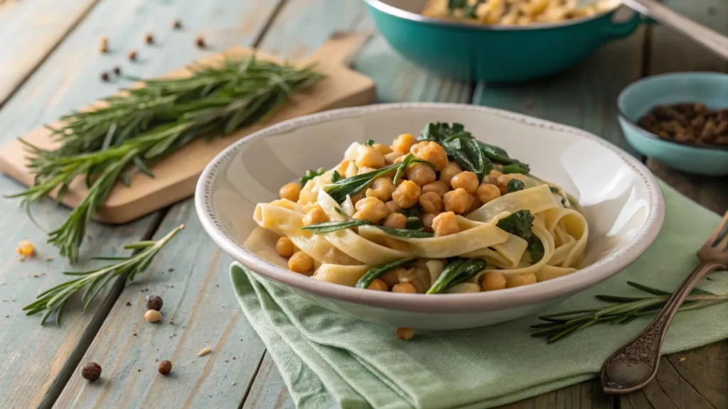 A plate of creamy chickpea pasta with spinach and rosemary, presented beautifully with a fresh herb garnish, perfect for a healthy meal.