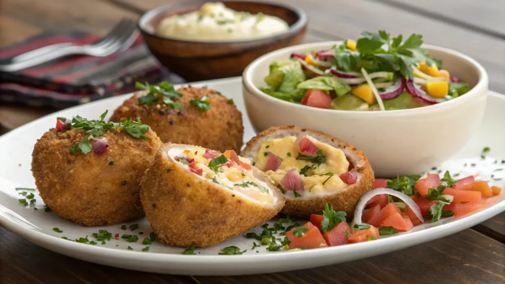 A stunning presentation of papas rellenas with a crispy exterior, fresh herbs, and a side salad, perfect for a traditional Chilean meal.