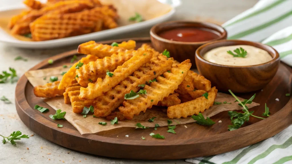 Featured image of crispy sweet potato waffle fries served with dipping sauces on a rustic plate.