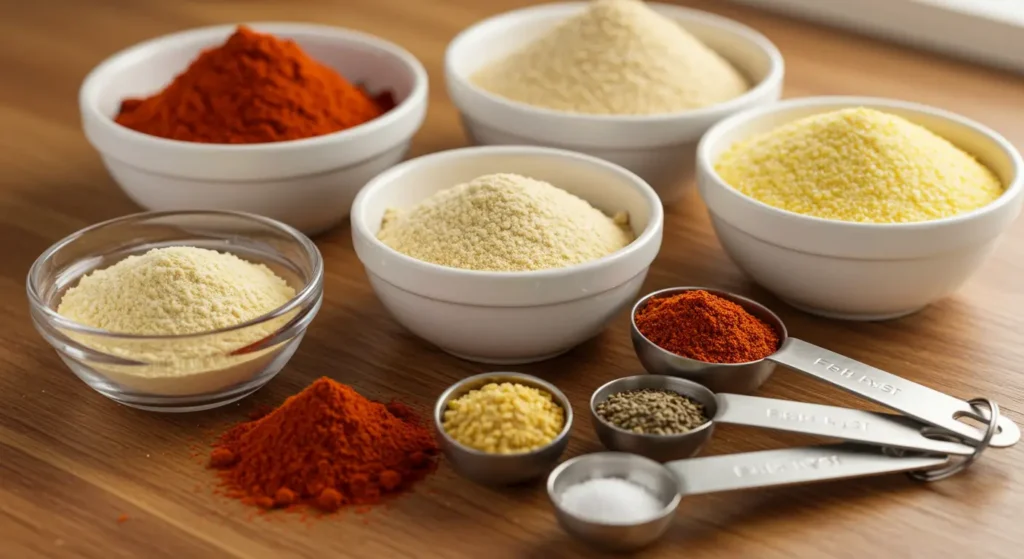 Close-up of essential fish fry seasonings such as paprika, cayenne pepper, garlic powder, and cornmeal, ready for mixing.