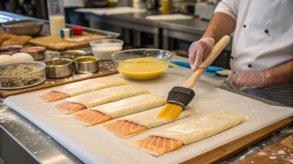 Step-by-step process of making fish wrapped in filo pastry, showing fish fillets and filo dough with melted butter.