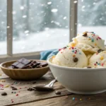 A bowl of creamy homemade snow ice cream topped with sprinkles and chocolate chips, perfect for a fun winter treat. Ideal for snowy days and family enjoyment.