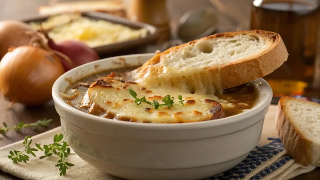 Classic French onion soup with melted cheese and toasted baguette slice, perfect for warming up on a cold day.