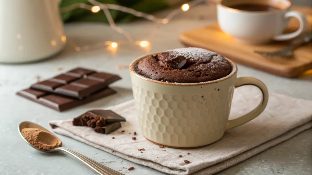 A freshly baked chocolate mug cake on a table, showing its moist, soft texture ready to enjoy.