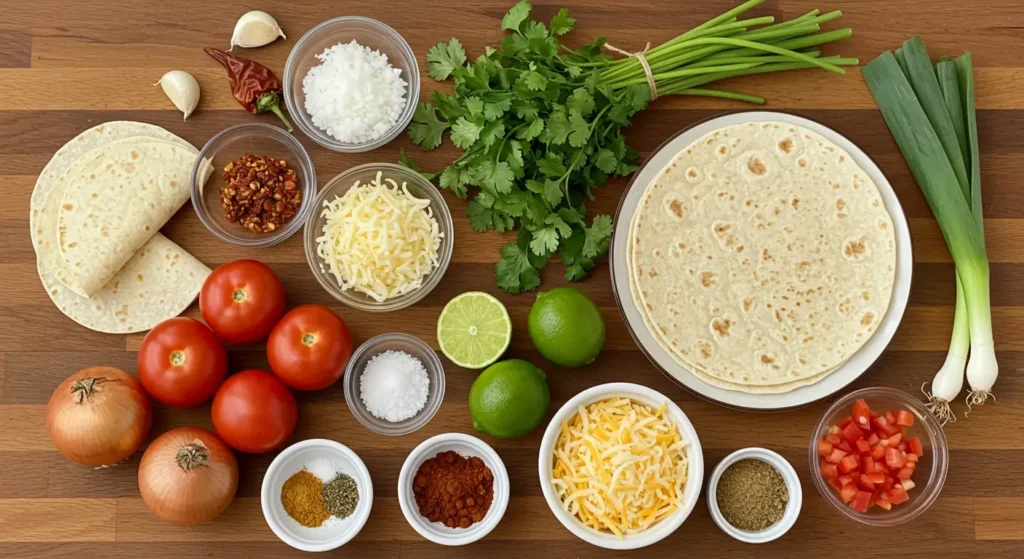 Fresh ingredients for enchiladas, including tortillas, cheese, spices, and vegetables