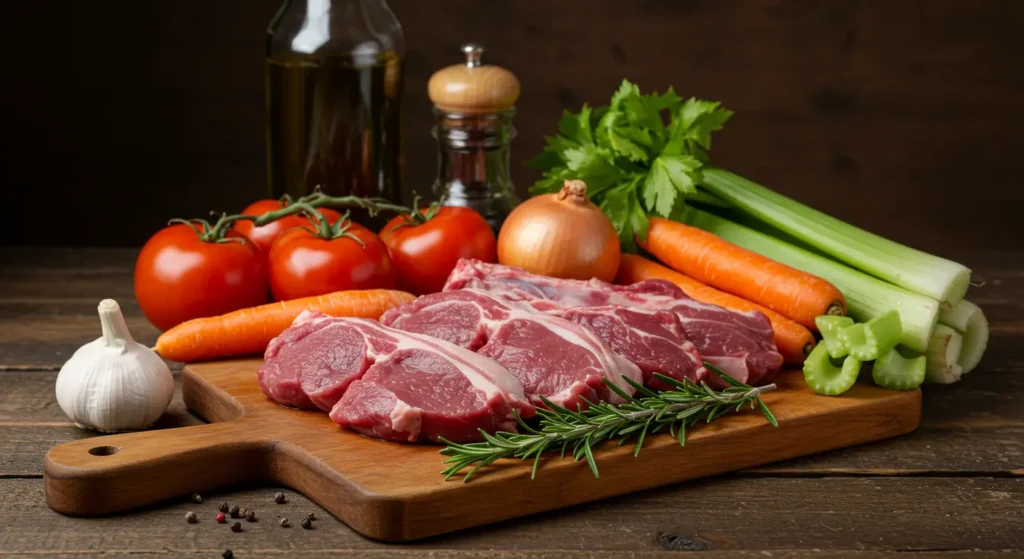 Fresh ingredients including lamb, rosemary, tomatoes, and vegetables for making Lamb Ragu d'Abruzzo.