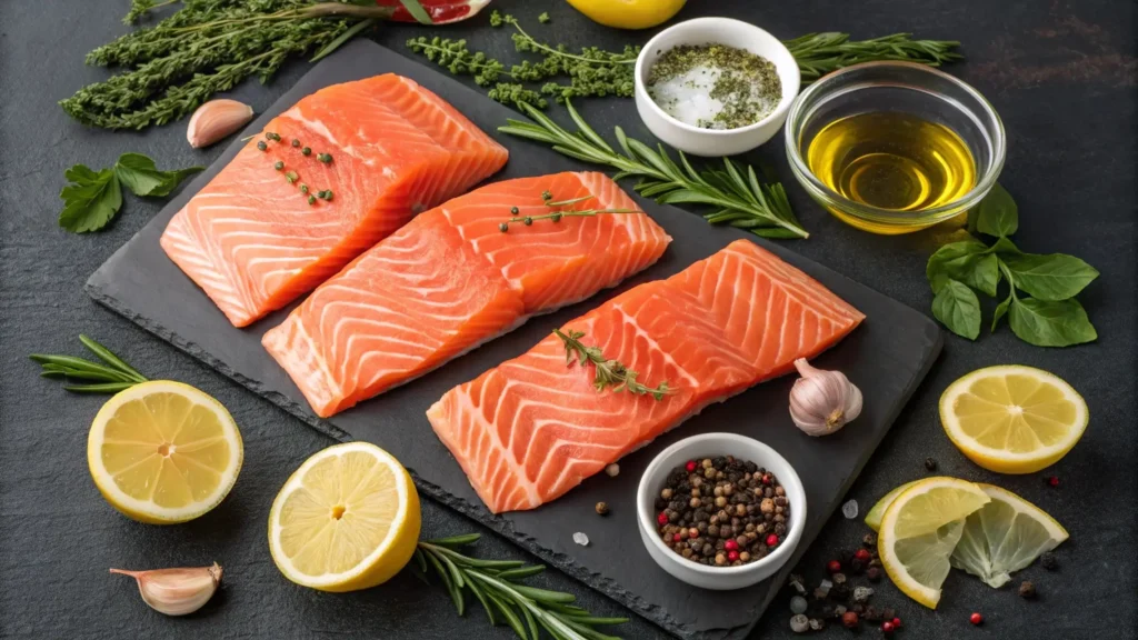 A vibrant display of fresh salmon fillets, lemon, herbs, and marinade ingredients, perfect for marinating salmon.