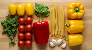 Fresh ingredients for Italian drunken noodles on a cutting board