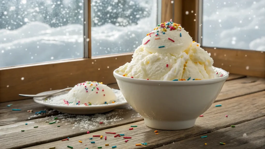 A bowl of fluffy snow ice cream with colorful sprinkles, perfect for a fun winter treat. Simple, creamy, and refreshing.