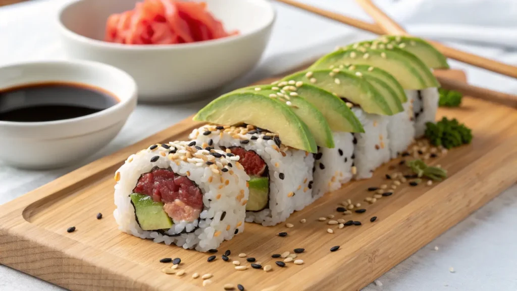 A freshly made spicy tuna roll served with avocado, sesame seeds, and soy sauce on a wooden board, perfect for sushi lovers.