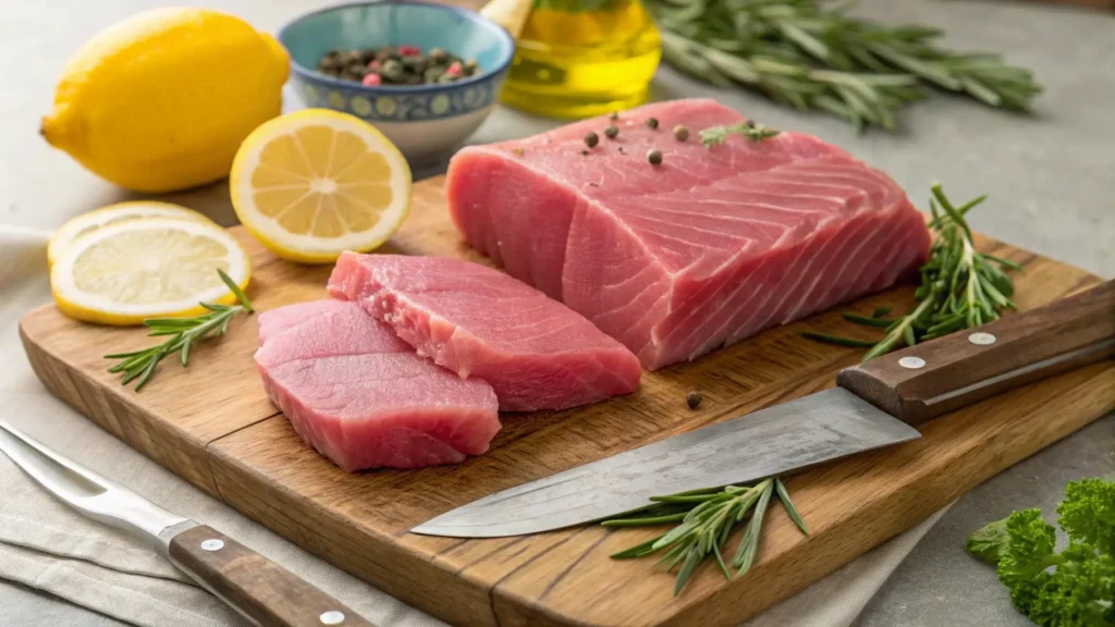 Fresh tuna steak with vibrant pink flesh, ready for preparation with lemon and herbs.