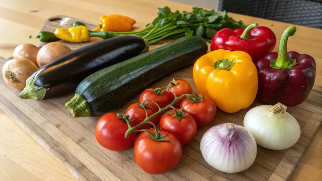 Fresh ingredients for ratatouille, including eggplant, zucchini, tomatoes, bell peppers, and onions, displayed on a wooden countertop.