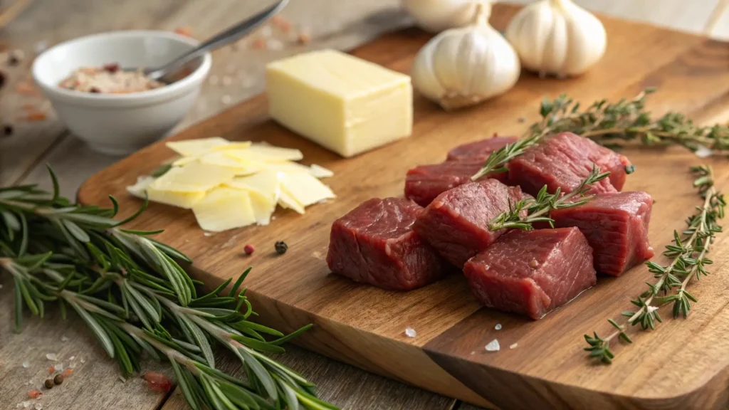 Fresh steak cubes, garlic cloves, butter, and herbs ready for a garlic butter steak bites recipe.