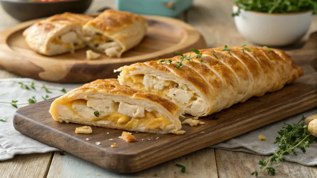 A golden brown chicken and cheese jalousie, sliced to reveal its cheesy chicken filling, garnished with herbs.