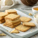 Golden brown coconut butter crispy crackers on a parchment-lined baking sheet, surrounded by bowls of coconut butter and flour, highlighting their homemade appeal.